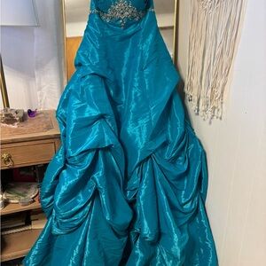 Elegant Full Length Taffeta Teal Strapless Gown with Beading and Ruching